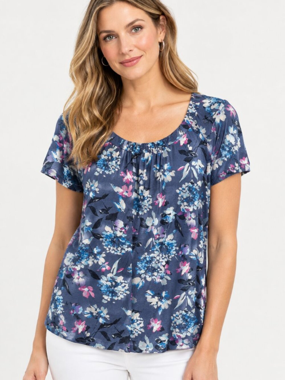 croft & barrow Navy Floral Short Sleeve Scoop Neck Top Size Large